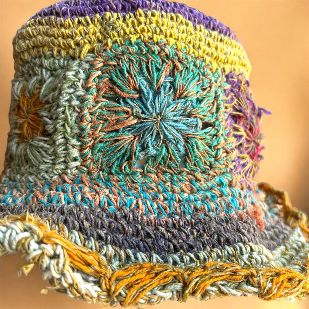Colorful Hand Made Crochet Colorful Straw Bucket Hat - Picture 4 of 7